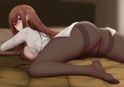 Rule 34 | 1girl, ass, blue eyes, blush, bra, breasts, brown pantyhose, ginhaha, highres, indoors, lab coat, long hair, long sleeves, looking at viewer, lying, makise kurisu, no pants, on bed, on stomach, open mouth, panties, pantyhose, pink bra, red hair, shirt, sideboob, solo, steins;gate, steins;gate 0, thighs, underwear, white shirt