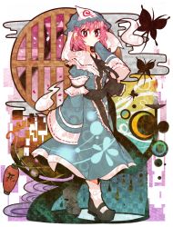 Rule 34 | 1girl, bad id, bad pixiv id, bug, butterfly, candle, cherry blossoms, female focus, ghost, hat, highres, hitodama, insect, itomugi-kun, japanese clothes, lantern, obi, paper lantern, petals, pink eyes, pink hair, round window, saigyouji yuyuko, sash, shoes, short hair, solo, touhou, tree, triangular headpiece, window