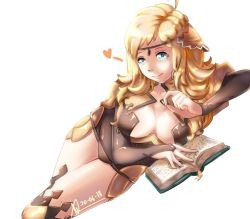 Rule 34 | 1girl, ahoge, blonde hair, blue eyes, bodystocking, book, breasts, bridal gauntlets, circlet, closed mouth, conope, fire emblem, fire emblem fates, looking at viewer, lying, medium breasts, nintendo, ophelia (fire emblem), smile, thighhighs