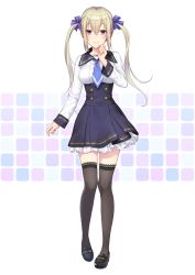 Rule 34 | 1girl, aimori meguru, arm at side, black footwear, black skirt, black thighhighs, blonde hair, blue necktie, blush, breasts, buttons, closed mouth, double-breasted, frilled skirt, frills, full body, hair ribbon, hand on own face, high-waist skirt, highres, lace, lace-trimmed legwear, lace trim, long hair, long sleeves, looking at viewer, medium breasts, multicolored background, necktie, original, pink eyes, purple ribbon, ribbon, shirt, shoes, sidelocks, skirt, smile, solo, standing, thighhighs, twintails, underbust, white shirt, zettai ryouiki