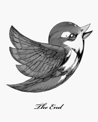 Rule 34 | bird, character request, english text, greyscale, highres, jnt, monochrome, no humans, open mouth, simple background, solo, twitter, twitter bird, white background