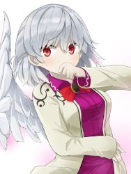 Rule 34 | 1girl, bow, bowtie, collared dress, dress, eyebrows hidden by hair, grey hair, grey wings, hair between eyes, hand in mouth, highres, jacket, kishin sagume, long sleeves, looking at viewer, purple dress, red bow, red bowtie, red eyes, short hair, single wing, solo, standing, touhou, tyouseki, upper body, white jacket, wings