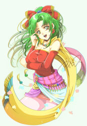 Rule 34 | 1girl, :d, aikosu (icos), arm under breasts, breasts, cape, cleavage, commentary, cropped legs, detached sleeves, dress, earrings, final fantasy, final fantasy vi, green eyes, green hair, hair ribbon, hand up, head tilt, jewelry, large breasts, long hair, looking at viewer, open mouth, ponytail, red dress, red ribbon, red sleeves, ribbon, simple background, smile, solo, strapless, strapless dress, teeth, tina branford, tube dress, upper teeth only, waist sash, yellow cape
