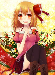 Rule 34 | 1girl, alternate costume, bare shoulders, blonde hair, blush, boots, cross-laced footwear, female focus, flower, hair ribbon, lace-up boots, open mouth, ribbon, rumia, short hair, skirt, smile, snow, snowflakes, solo, sora (yukimi shiro), thighhighs, touhou