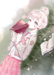 Rule 34 | 1girl, bad id, bad pixiv id, blazer, blush, book, bookmark, closed mouth, collared shirt, dutch angle, facial mark, flower, grass, grey jacket, hair bun, hair ornament, hairclip, holding, holding book, jacket, light brown hair, long sleeves, looking at viewer, lying, necktie, on back, on grass, open book, original, pink flower, pink necktie, pink skirt, plaid, plaid skirt, pleated skirt, purple eyes, qlakwnd, shirt, single hair bun, skirt, solo, star (symbol), white flower, white shirt