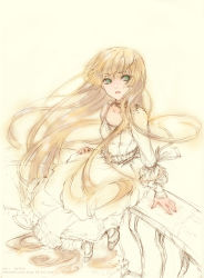 Rule 34 | 10s, 1girl, 2011, astrid (astridyue), blonde hair, dress, floating hair, gosick, gown, graphite (medium), green eyes, highres, long hair, looking up, shoes, sitting, sleeves past wrists, solo, traditional media, victorica de blois