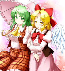 Rule 34 | 2girls, :o, aka tawashi, arm garter, arm hug, ascot, black vest, blonde hair, blush, bow, bowtie, cowboy shot, dress shirt, feathered wings, floral background, frills, gengetsu (touhou), green eyes, green hair, hair bow, hair intakes, highres, holding, holding own arm, holding umbrella, juliet sleeves, kazami yuuka, kazami yuuka (pc-98), long hair, long sleeves, multiple girls, open clothes, open mouth, open vest, parasol, parted lips, pink skirt, plaid, plaid skirt, plaid vest, puffy long sleeves, puffy sleeves, red bow, red bowtie, shirt, sidelocks, skirt, skirt set, touhou, touhou (pc-98), umbrella, vest, white shirt, white wings, wing collar, wings, yellow eyes, yuri