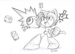 Rule 34 | !, 1girl, arm cannon, capcom, company connection, cosplay, crossover, fang, felicia (vampire), fringe trim, greyscale, mega man (character), mega man (character) (cosplay), mega man (classic), mega man (series), monochrome, pocket fighter, rcasedrawsstuff, sketch, solo, vampire (game), weapon