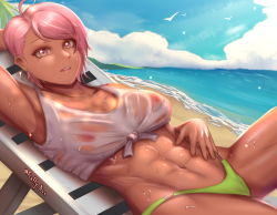 Rule 34 | 1girl, abs, ahoge, arm behind head, beach, beach chair, bikini, bikini bottom only, bird, blue sky, cloud, earrings, fluffydus, green bikini, highres, jewelry, looking at viewer, mountain, on chair, open mouth, original, outdoors, palm tree, pink eyes, pink hair, shirt, shore, short hair, signature, sky, sweat, sweaty clothes, swimsuit, tied shirt, tree, water, wet, wet clothes, yuna (fluffydus)