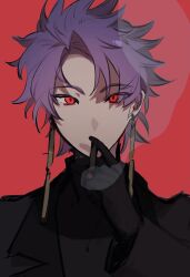 Rule 34 | 1boy, black gloves, black jacket, black sweater, chinese commentary, cigarette, commentary request, earrings, eyes visible through hair, gloves, highres, holding, holding cigarette, jacket, jewelry, looking at viewer, male focus, open clothes, open jacket, portrait, purple hair, red background, red eyes, saibou shinkyoku, short hair, simple background, smoke, smoking, solo, songlajihuijia, sweater, theodore riddle, turtleneck, turtleneck sweater