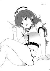 Rule 34 | 1girl, absurdres, ass, belt, buttons, chigusa asuha, commentary request, dress, earrings, greyscale, hand up, hat, heart, heart earrings, highres, holding, invisible chair, jewelry, crossed legs, long hair, monochrome, nurse, nurse cap, open mouth, panties, qualidea code, scan, sekiya asami, short dress, short sleeves, sidelocks, sitting, smile, solo, syringe, thighs, underwear