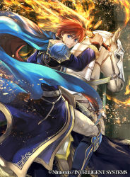 Rule 34 | 1boy, armor, armored boots, blue eyes, boots, cape, eliwood (fire emblem), flaming sword, fire emblem, fire emblem: the blazing blade, fire emblem cipher, flaming sword, flaming weapon, horseback riding, huge weapon, looking to the side, male focus, nintendo, official art, red hair, riding, solo, sword, wada sachiko, wadadot lv, weapon, white horse