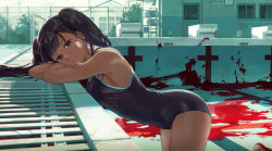 Rule 34 | 1girl, backlighting, bent over, black hair, blood, blood splatter, blue one-piece swimsuit, blunt bangs, building, bush, chain-link fence, competition school swimsuit, cowboy shot, cross, crossed arms, day, elbow rest, empty pool, fence, fingernails, from side, hands up, head rest, head tilt, highres, horror (theme), kickboard, latin cross, long hair, looking at viewer, mumi1010, one-piece swimsuit, original, outdoors, pool, pool ladder, pool of blood, poolside, school, school swimsuit, shiny clothes, smile, solo, starting block, swimsuit, twintails