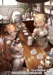 Rule 34 | 3girls, animal ears, animal print, bare shoulders, bird girl, bird tail, bird wings, blonde hair, bobcat (kemono friends), brown coat, brown hair, cat ears, cat girl, cat print, cat tail, coat, collared shirt, commentary request, counter, cup, elbow gloves, eurasian eagle owl (kemono friends), extra ears, fur trim, gloves, grey hair, head wings, high-waist skirt, kemono friends, kemono friends 3, kettle, koruse, long sleeves, multicolored hair, multiple girls, necktie, northern white-faced owl (kemono friends), official art, owl ears, print gloves, print neckwear, print skirt, shirt, short hair, sitting, skirt, sleeveless, tail, teacup, white coat, white hair, white shirt, wings, winter clothes, winter coat, yellow gloves