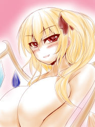 Rule 34 | 1girl, breasts squeezed together, breasts, fang, flandre scarlet, huge breasts, looking at viewer, aged up, parmiria, side ponytail, slit pupils, smile, solo, topless, touhou, vampire