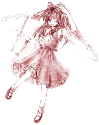 Rule 34 | 1girl, bow, female focus, full body, gohei, graphite (medium), hair bow, hakurei reimu, japanese clothes, long hair, mary janes, miko, monochrome, one eye closed, shoes, simple background, smile, solo, touhou, traditional media, usa (artist), usaki (ama), wide sleeves