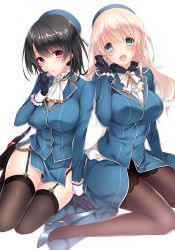 Rule 34 | 10s, 2girls, aqua eyes, arm support, atago (kancolle), ayase hazuki, beret, black gloves, black hair, black legwear, blonde hair, blue footwear, blue hat, blue jacket, blush, breasts, earrings, epaulettes, finger to mouth, frilled sleeves, frills, full body, garter straps, gloves, hat, heart lock (kantai collection), high heels, jacket, jewelry, kantai collection, kneeling, large breasts, lips, long hair, long sleeves, looking at viewer, multiple girls, open mouth, pantyhose, red eyes, red footwear, rudder footwear, shoes, short hair, simple background, smile, takao (kancolle), thighhighs, white background