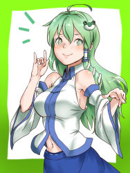 Rule 34 | + +, 1girl, ahoge, bare shoulders, blue skirt, blush, closed mouth, collared shirt, commentary request, detached sleeves, frog hair ornament, green eyes, green hair, hair between eyes, hair ornament, hair tubes, hand gesture, kochiya sanae, kuranosuke, long hair, looking at viewer, midriff peek, navel, nontraditional miko, shirt, skirt, smile, snake hair ornament, solo, symbol-shaped pupils, touhou, wide sleeves