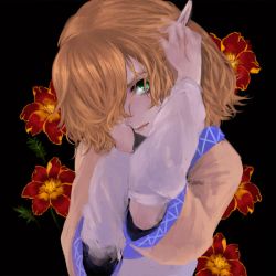 Rule 34 | 1girl, arm warmers, bad id, bad pixiv id, black background, blonde hair, eiri (gb-delta), female focus, floral background, flower, frown, green eyes, hair over one eye, hands on own face, lips, long pointy ears, looking at viewer, mizuhashi parsee, pointy ears, serious, solo, souseki556, touhou