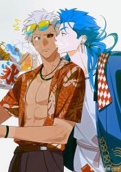 Rule 34 | 2boys, absurdres, alcohol, archer (fate), bare pectorals, beer, beer mug, belt, black sclera, blue hair, brown belt, brown eyes, brown pants, cherry, collarbone, colored sclera, cu chulainn (fate), cup, earrings, eyewear on head, fate/stay night, fate (series), foam mustache, food, fruit, hawaiian shirt, highres, japanese clothes, jewelry, kiss, kissing cheek, mug, multiple boys, necklace, open clothes, open shirt, pants, pectorals, ponytail, red eyes, robe, shaved ice, shirt, tobu (bilibil), utensil in mouth, white background, white hair, white robe, yaoi