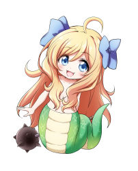 Rule 34 | 1girl, :d, ahoge, arm behind back, blonde hair, blue bow, blue eyes, blush, bow, chibi, collarbone, fang, full body, hair between eyes, hair bow, hair censor, hair over breasts, highres, jashin-chan, jashin-chan dropkick, kuena, lamia, looking at viewer, mace, monster girl, navel, nude, open mouth, simple background, smile, solo, spiked mace, spikes, weapon, white background