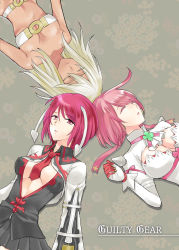 Rule 34 | 3girls, ahoge, arc system works, bare shoulders, belt bra, breasts, center opening, cleavage, cleavage cutout, clothing cutout, clover, dark-skinned female, dark skin, dress, elphelt valentine, closed eyes, female focus, four-leaf clover, gloves, guilty gear, guilty gear 2, guilty gear xrd, highres, large breasts, lips, long hair, long sleeves, looking at viewer, lying, multiple girls, on back, open mouth, parted lips, pink hair, platinum blonde hair, ramlethal valentine, red eyes, red hair, ribbon, shio kirrameru, short hair, sleeping, smile, valentine (guilty gear), wedding dress, white dress