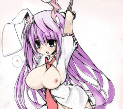 Rule 34 | 1girl, animal ears, arms up, bdsm, blush, bondage, bound, breasts, chain, cruelty to animals, cuffs, female focus, heart, highres, large breasts, long hair, necktie, nipples, open clothes, open mouth, open shirt, purple hair, rabbit ears, red necktie, reisen udongein inaba, shirt, solo, suzume miku, sweat, tears, thighhighs, touhou