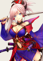 Rule 34 | 1girl, asymmetrical hair, black thighhighs, breasts, closed mouth, criss-cross halter, detached sleeves, earrings, fate/grand order, fate (series), grey background, halterneck, hand up, holding, holding sword, holding weapon, japanese clothes, jewelry, katana, kimono, kyoeiki, looking at viewer, medium breasts, miyamoto musashi (fate), pink hair, ponytail, purple kimono, sheath, sheathed, short kimono, simple background, smile, solo, sword, thighhighs, weapon