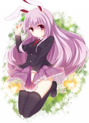 Rule 34 | 1girl, animal ears, between legs, black footwear, black thighhighs, blazer, blush, breasts, clothes pull, collared shirt, commentary, darktrident, ddt (darktrident), expressionless, floral background, frilled skirt, frills, hair between eyes, hand between legs, hand up, highres, jacket, legs up, long hair, looking at viewer, necktie, pink skirt, pleated skirt, purple hair, rabbit ears, red eyes, red necktie, reisen udongein inaba, shirt, shoes, skirt, skirt pull, small breasts, solo, syringe, thighhighs, thighs, touhou, touhou ayaria epic, very long hair, white shirt, zettai ryouiki