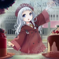 Rule 34 | 1girl, :o, a.i. voice, ahoge, arm up, bell, beret, blue eyes, blunt bangs, braid, buttons, cake, cevio, commentary, cream, double-breasted, food, fruit, glass writing, grey hair, hair ornament, hairclip, hat, highres, holding hands, jacket, kizuna akari, kizuna akari (tsubomi), merry christmas, mirrored text, open mouth, out of frame, red headwear, red jacket, road, side braid, standing, star (symbol), star hair ornament, strawberry, street, symbol-only commentary, takeda yukimura, upper body, voiceroid, walking, window, wreath