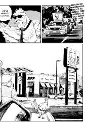 Rule 34 | 1boy, 1other, absurdres, billboard, bird, car, chicken, colonel sanders, english text, fast food, greyscale, highres, hololive, hololive english, kfc, lamppost, monochrome, motor vehicle, necktie, parking lot, restaurant, right-to-left comic, road, sign, speech bubble, sunglasses, takanashi kiara, virtual youtuber, xyanaid