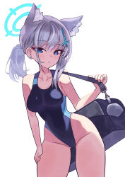 Rule 34 | 1girl, absurdres, ancortsu, animal ear fluff, animal ears, bare arms, bare legs, bare shoulders, black one-piece swimsuit, blue archive, blue eyes, blue halo, blush, breasts, competition swimsuit, cowboy shot, cross hair ornament, grey hair, hair between eyes, hair ornament, halo, highres, medium breasts, medium hair, official alternate costume, one-piece swimsuit, parted lips, shiroko (blue archive), shiroko (swimsuit) (blue archive), simple background, solo, swimsuit, white background, wolf ears