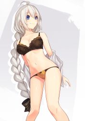 Rule 34 | 1girl, ahoge, alternate hairstyle, arms behind back, bare shoulders, black bra, blue eyes, blush, bra, braid, breasts, cleavage, closed mouth, collarbone, contrapposto, hair between eyes, hetaren (ramark), highres, kizuna akari, lace, lace-trimmed bra, lace-trimmed panties, lace trim, looking away, looking to the side, medium breasts, off shoulder, panties, shirt, single braid, smile, solo, standing, thighs, unbuttoned, unbuttoned shirt, underwear, undressing, voiceroid, white shirt, yellow panties