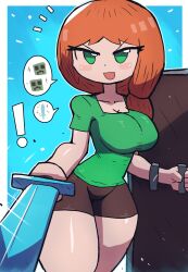 Rule 34 | !, 1girl, absurdres, alex (minecraft), blue background, blush, breasts, brown shorts, cleavage, collarbone, creeper, green eyes, green shirt, highres, holding, holding shield, holding sword, holding weapon, large breasts, long hair, minecraft, minecraft sword, open mouth, ponytail, red hair, shield, shirt, short sleeves, shorts, smile, sparkle, speech bubble, spoken sparkle, standing, sword, thick thighs, thighs, tony welt, weapon, wide hips