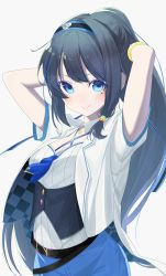 Rule 34 | 1girl, aoi ch., arms behind head, arms up, belt, black belt, black hair, black vest, blue eyes, blue hair, blue neckerchief, blue pants, blush, breasts, cleavage, closed mouth, collar, commentary request, criss-cross halter, detached collar, fuji aoi, grey background, halterneck, highres, jacket, long hair, looking at viewer, medium breasts, mole, mole under eye, multicolored hair, neckerchief, open clothes, open jacket, pants, ponytail, ratsuku kinoko, shirt, short sleeves, sidelocks, simple background, smile, solo, streaked hair, very long hair, vest, virtual youtuber, white collar, white jacket, white shirt, wing collar