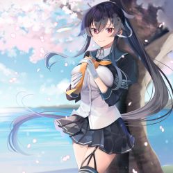 Rule 34 | 1girl, absurdres, adjusting neckwear, against tree, black hair, black jacket, black skirt, breasts, cherry blossoms, commentary request, garter straps, gloves, hair between eyes, hair ribbon, highres, huge filesize, jacket, kantai collection, large breasts, long hair, looking at viewer, open clothes, open jacket, outdoors, pleated skirt, ponytail, red eyes, ribbon, shirt, sidelocks, single garter strap, single thighhigh, skirt, smile, solo, standing, striped clothes, striped shirt, thighhighs, tree, very long hair, water, white gloves, white shirt, wind, yahagi (kancolle), yahagi kai ni (kancolle), yellow neckwear, yunamaro
