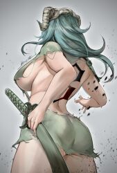 Rule 34 | 1girl, ass, back, back tattoo, bleach, breasts, cowboy shot, from behind, green hair, grey background, highres, holding, holding sword, holding weapon, horns, ikuyoan, large breasts, long hair, nelliel tu odelschwanck, number tattoo, sideboob, solo, sword, tattoo, weapon