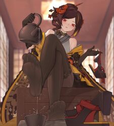 Rule 34 | 1girl, brown hair, chiori (genshin impact), crossed legs, cup, feet, genshin impact, light blush, long hair, looking at viewer, pantyhose, pouring, red eyes, shoes, sock tea, soles, steam, teapot, toes, unworn shoes, xssh