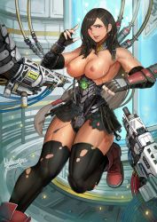 Rule 34 | 1girl, android, boots, breasts, cable, commission, damaged, eguchi tumoru, elbow gloves, final fantasy, final fantasy vii, final fantasy vii remake, fingerless gloves, gloves, joints, long hair, low-tied long hair, materia, mechanical parts, medium breasts, miniskirt, ponytail, red eyes, repairing, robot joints, skeb commission, skirt, solo, suspenders, swept bangs, thighhighs, thighs, tifa lockhart, toned, torn clothes, very long hair, wire