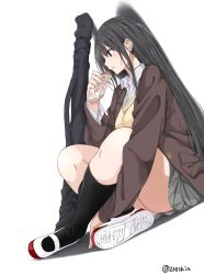 Rule 34 | 1girl, :q, absurdres, amu (258shin), black hair, black socks, blazer, brown eyes, closed mouth, dutch angle, eating, food, from side, grey skirt, highres, holding, holding food, indian style, jacket, kneehighs, long hair, open clothes, open jacket, original, pleated skirt, school uniform, shadow, shirt, shoes, sidelocks, simple background, sitting, skirt, socks, solo, sweater, thighs, tongue, tongue out, twitter username, uwabaki, weapon bag, white background, white shirt