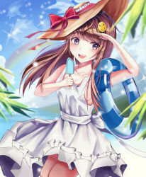 Rule 34 | 1girl, :d, absurdres, bad id, bad pixiv id, bare shoulders, blurry, blurry background, blurry foreground, breasts, brown eyes, brown hair, candy, cloud, cloudy sky, collarbone, commentary request, day, depth of field, derivative work, dress, emoji, food, frilled dress, frills, hair ornament, hairclip, harui (huruyi 817), hat, hat ribbon, highres, holding, holding candy, holding food, holding swim ring, ice cream, innertube, long hair, looking at viewer, ocean, open mouth, original, outdoors, palm leaf, popsicle, red ribbon, ribbon, sky, small breasts, smile, solo, striped, summer, sun hat, sundress, swim ring, white dress
