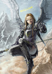 Rule 34 | 1girl, angel, armor, blonde hair, blue eyes, boots, circlet, cloud, day, gorget, halo, higashiyama hayato, highres, long hair, looking to the side, original, outstretched arm, pauldrons, polearm, shoulder armor, sky, snow, solo, spear, thighhighs, weapon, wing armor, wings