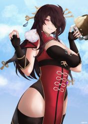 Rule 34 | 1girl, absurdres, alcohol, beidou (genshin impact), black gloves, black thighhighs, blue sky, blush, breasts, brown hair, chinese clothes, cleavage, cleavage cutout, clothing cutout, colored eyepatch, cup, dress, eyepatch, fingerless gloves, fur collar, genshin impact, gloves, gloxuba, hair ornament, hair over one eye, hair stick, hairpin, highres, holding, holding cup, large breasts, long hair, one eye covered, pelvic curtain, red dress, red eyes, sky, smile, solo, thighhighs, thighs