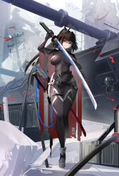 Rule 34 | 1girl, absurdres, bodysuit, breasts, cape, commission, hair ornament, highres, holding, holding sword, holding weapon, large breasts, long hair, military, military vehicle, mole, mole under eye, motor vehicle, multiple straps, pixiv commission, power lines, red eyes, rubble, sabou san-shitsu kokoro, solo, sword, tank, tatakau ataisuru, variant set, weapon, yamaguchi ryouko