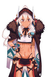 Rule 34 | 1girl, azur lane, black panties, blue cape, blush, bodypaint, breast curtain, breasts, brown cape, brown gloves, brown hood, brown skirt, cape, closed mouth, commentary request, cowboy shot, crossed bangs, dark-skinned female, dark skin, facepaint, fingerless gloves, fur-trimmed cape, fur trim, gloves, hair between eyes, hand on own hip, high ponytail, highleg, highleg panties, highres, hood, hood up, loincloth, long hair, looking at viewer, medium breasts, midriff, minneapolis (azur lane), multicolored cape, multicolored clothes, navel, o-ring, o-ring bottom, panties, red cape, red eyes, revealing clothes, shakobii, showgirl skirt, simple background, skirt, solo, underboob, underwear, very long hair, white background, white cape, white hair