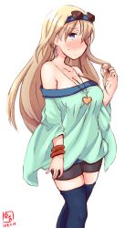 Rule 34 | 1girl, bike shorts, bismarck (kancolle), black shorts, blonde hair, blue eyes, blue hairband, blue shirt, blue thighhighs, blush, bracelet, commentary request, cosplay, cowboy shot, dated, earrings, embarrassed, endou aya, eyewear on head, hairband, highres, jewelry, kanon (kurogane knights), kantai collection, logo, long hair, look-alike, macross, macross frontier, macross frontier: itsuwari no utahime, necklace, off shoulder, profile, sheryl nome, sheryl nome (cosplay), shirt, shorts, simple background, single earring, solo, standing, thighhighs, voice actor connection, white background