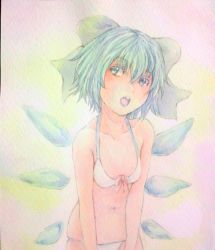 Rule 34 | 1girl, bikini, blue eyes, blue hair, bow, breasts, cirno, collarbone, front-tie bikini top, front-tie top, hair bow, highres, ice, ice wings, leaning forward, looking at viewer, matching hair/eyes, navel, open mouth, painting (medium), skindentation, small breasts, solo, swimsuit, touhou, traditional media, watercolor (medium), white bikini, wings, yuyu (00365676)