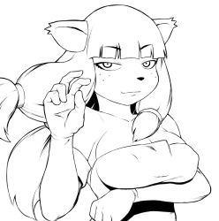 Rule 34 | 1girl, animal ears, ankama, breast hold, breasts, cat ears, cat girl, cat tail, cleavage, ecaflip, ecaflip f, elbow gloves, female focus, freckles, furry, furry female, gloves, greyscale, large breasts, miranda (wakfu), monochrome, simple background, smile, solo, tail, tsukudani (coke-buta), twintails, wakfu, white background