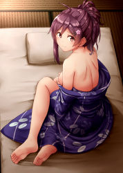 Rule 34 | 1girl, ahoge, alternate costume, back, bad anatomy, bad proportions, barefoot, blue kimono, blush, breasts, brown eyes, covering privates, covering breasts, fingernails, from above, hagikaze (kancolle), hair between eyes, highres, japanese clothes, kamelie, kantai collection, kimono, long hair, one side up, pillow, purple hair, sitting, small breasts, smile, solo, tatami, topless