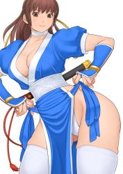 Rule 34 | 1girl, arm guards, breasts, brown eyes, brown hair, choker, cleavage, closed mouth, collarbone, dead or alive, highres, japanese clothes, kasumi (doa), kodachi, large breasts, ninja, panties, pelvic curtain, ponytail, revealing clothes, sash, sheath, shigenobu, short sword, simple background, solo, sword, sword behind back, thighhighs, thighs, underwear, weapon, weapon on back, white background, white thighhighs